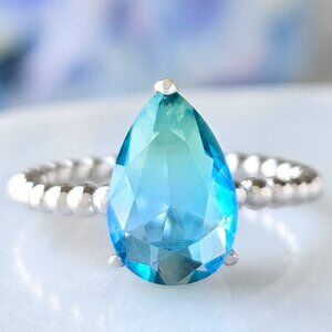 Blue and Teal Tourmaline Pear Gemstone Ring, 925 Sterling Silver Charmed Aroma
